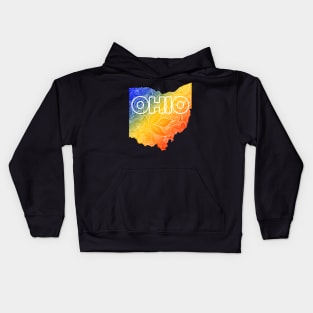 Colorful mandala art map of Ohio with text in blue, yellow, and red Kids Hoodie